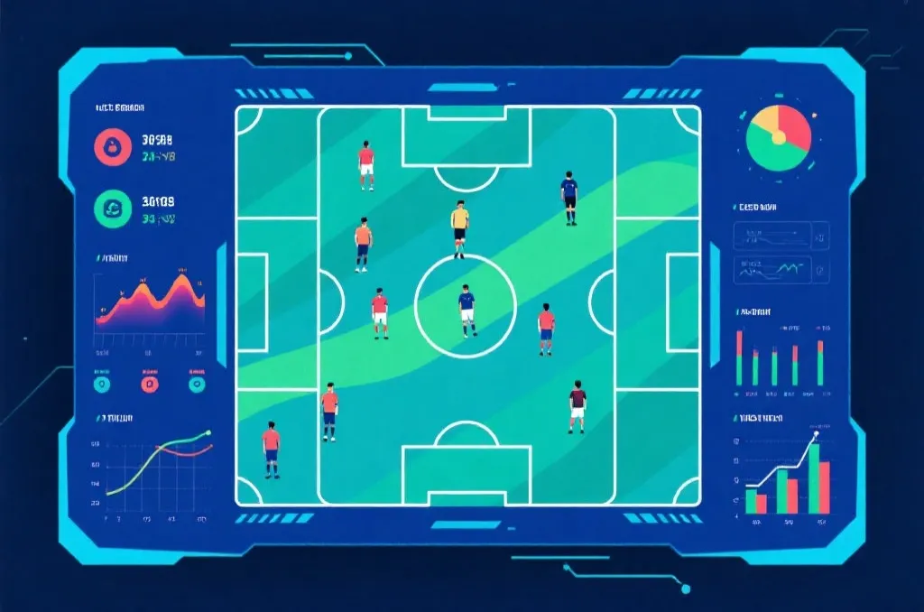 Abstract soccer tactical analysis board with heatmaps and player rating charts