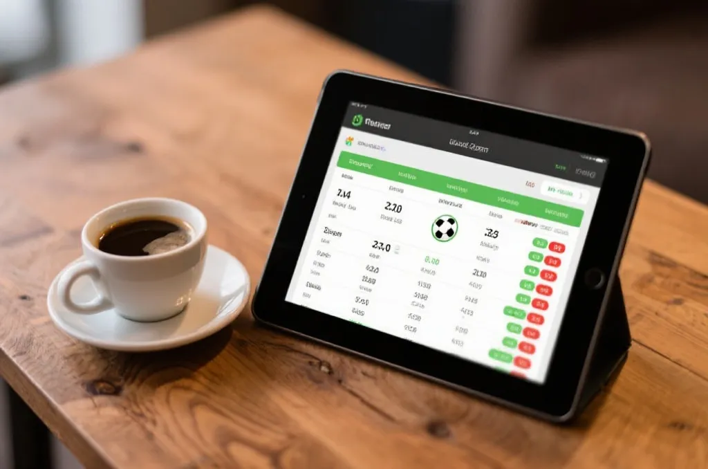 A tablet displaying live football match statistics and real-time scores alongside a cup of coffee on a wooden desk